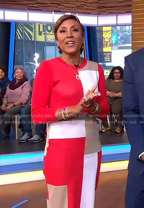 Robin’s red colorblock knit dress on Good Morning America