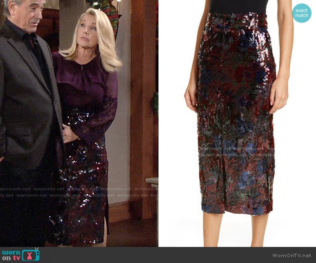 Roseanna Woodcut Sequin Midi Pencil Skirt worn by Nikki Reed Newman (Melody Thomas-Scott) on The Young and the Restless