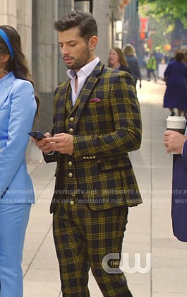 Sam’s black and yellow check suit on Dynasty