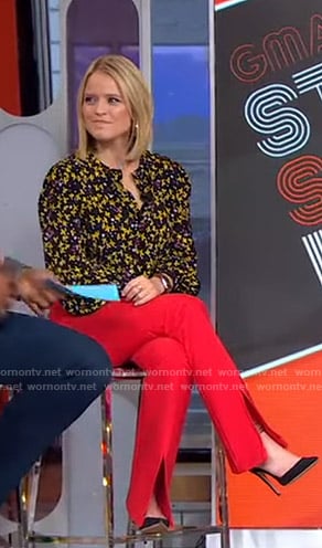 Sara’s black floral blouse and red pants on GMA Strahan Sara And Keke