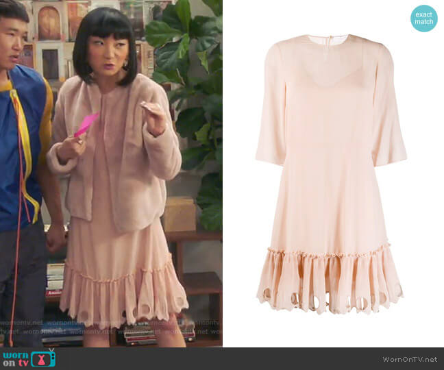 Mei’s pink ruffle hem dress on Sunnyside