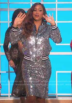 Eve’s sequin bomber jacket and skirt on The Talk