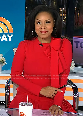 Sheinelle’s red tie neck pleated dress on Today