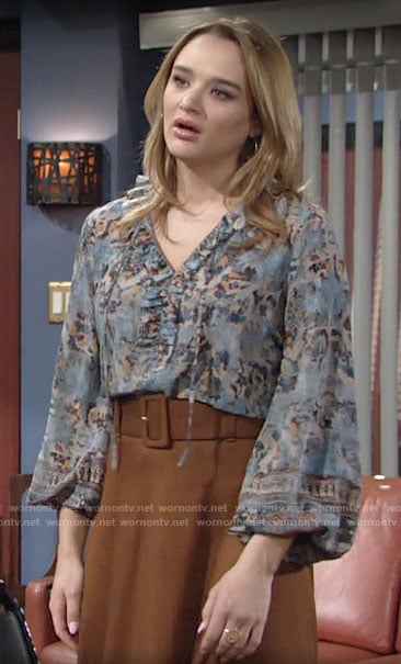 Summer’s blue printed blouse on The Young and the Restless