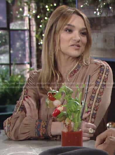 Summer’s beige embroidered trim blouse on The Young and the Restless