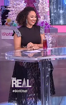 Tamera’s black embellished top and lace skirt on The Real