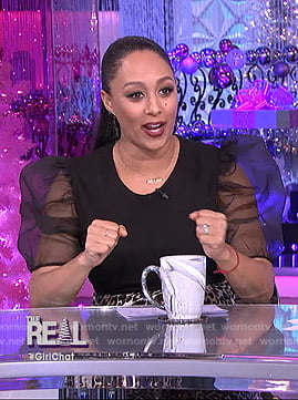 Tamera’s black puff sleeve top and leopard print skirt on The Real