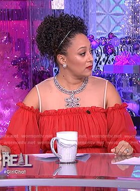 Tamera’s red cold-shoulder embellished dress on The Real