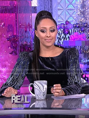 Tamera’s sequined sleeve velvet dress on The Real