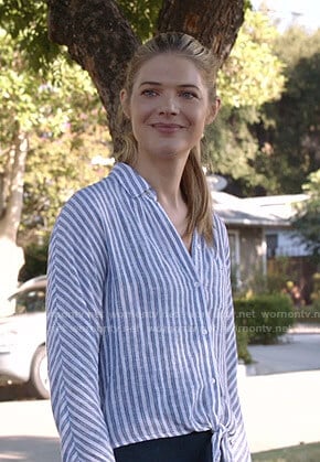 Tami's blue and white striped tie front shirt on Shameless