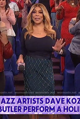 Wendy’s navy bodysuit and embellished skirt on The Wendy Williams Show