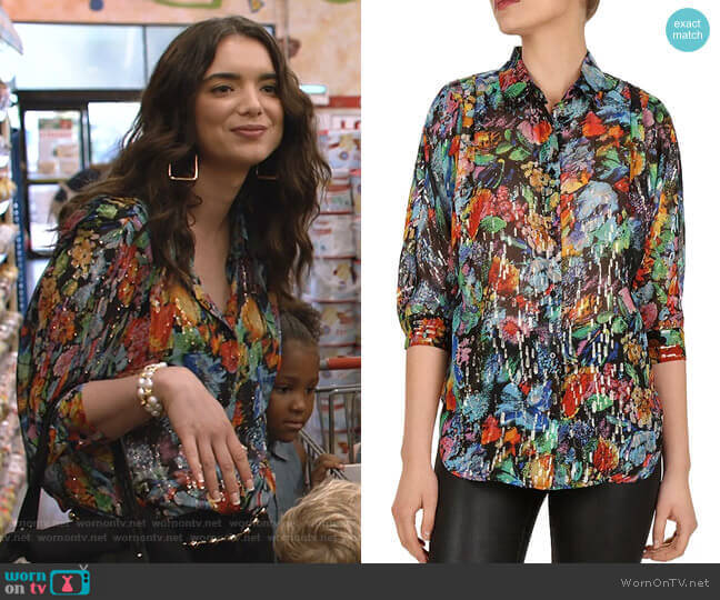 Metallic Floral Blouse by The Kooples worn by Dylan Gelula