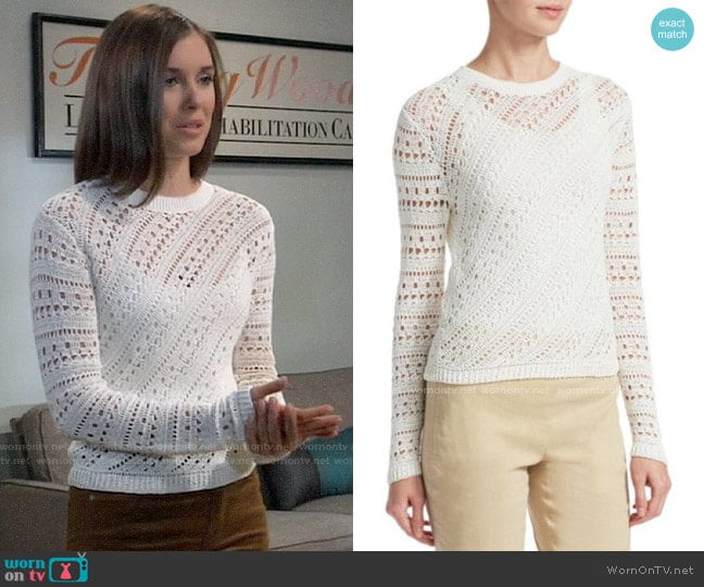 Theory Crochet Crewneck Sweater worn by Willow Tait (Katelyn MacMullen) on General Hospital