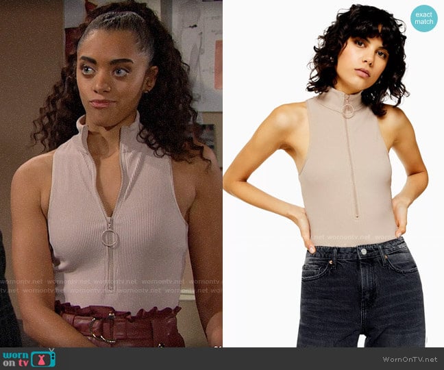 Topshop Stone Ring Pull Funnel Neck Bodysuit worn by Zoe (Kiara Barnes) on The Bold and the Beautiful