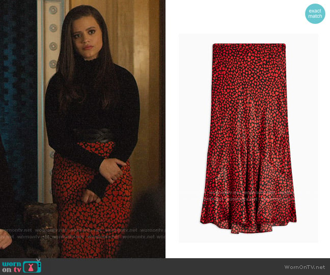 Topshop Red Heart Satin Flounce Midi Skirt worn by Maggie Vera (Sarah Jeffery) on Charmed