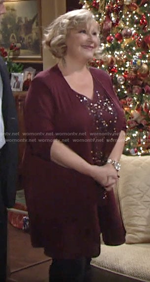 Traci’s red sequin top and cardigan on The Young and the Restless