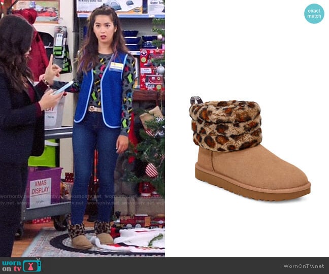 Ugg Mini Fluff Quilted Leopard Print Boot worn by Cheyenne (Nichole Bloom) on Superstore