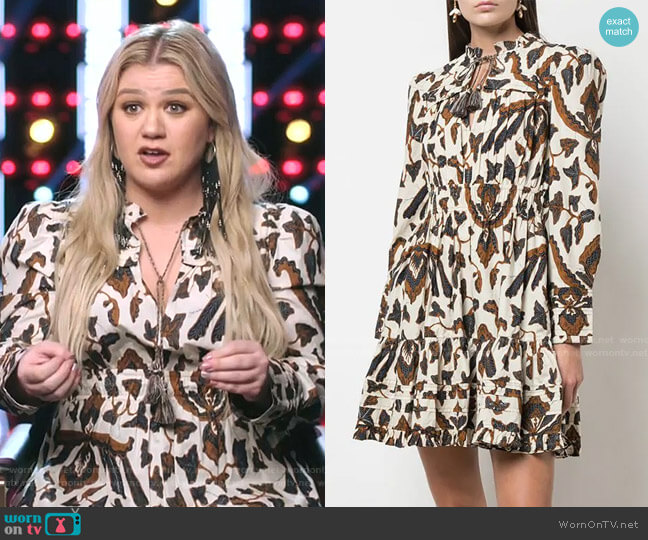 Printed Long Sleeve Dress by Ulla Johnson worn by Kelly Clarkson on The Voice