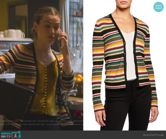 Keke Striped Ribbed Cardigan by Veronica Beard worn by Love Quinn (Victoria Pedretti) on You