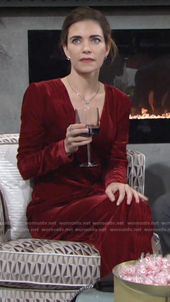 Victoria's red velvet long sleeve dress on The Young and the Restless