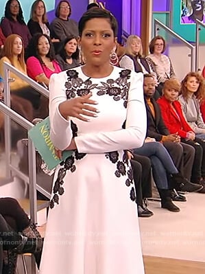 Tamron's white floral embroidered dress on Tamron Hall Show