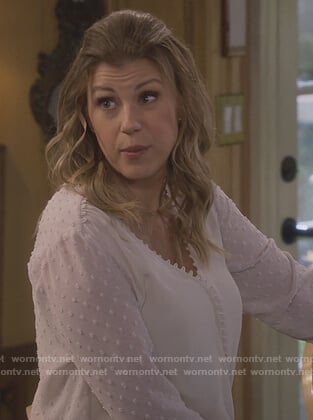 WornOnTV: Stephanie’s white sheer wrap blouse on Fuller House | Jodie ...