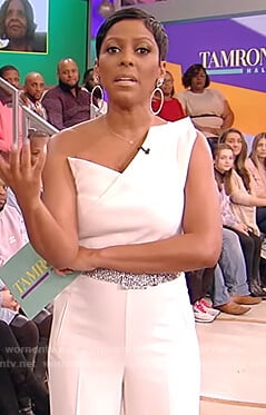 Tamron’s white off shoulder jumpsuit on Tamron Hall Show