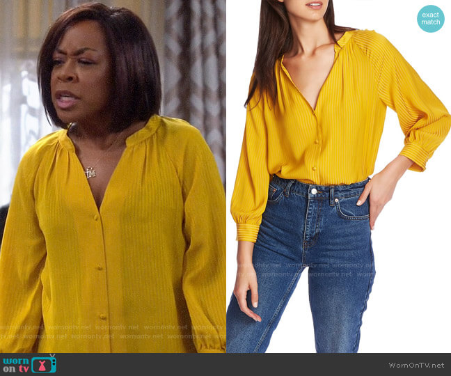 1.State Shadow Stripe V-Neck Button Front Blouse worn by Tina Butler (Tichina Arnold) on The Neighborhood