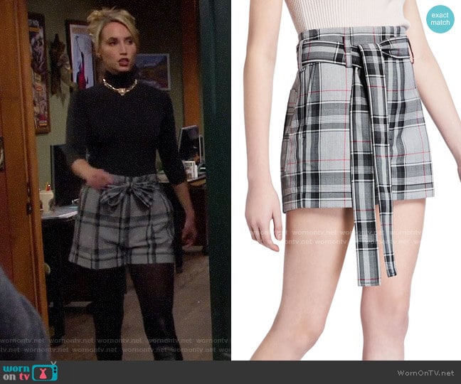 3.1 Phillip Lim Plaid Belted High-Waist Shorts worn by Mandy Baxter (Molly McCook) on Last Man Standing