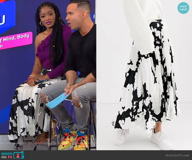 Cow Print Satin Pleat Midi Skirt by Asos worn by Keke Palmer on Good Morning America