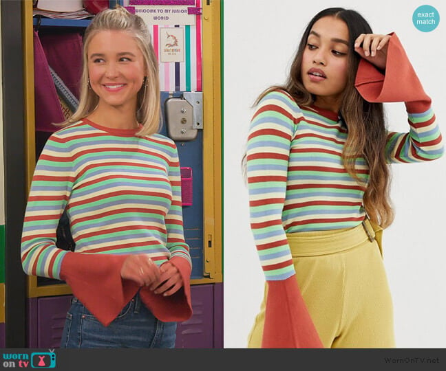 Petite skinny crew neck sweater with flared sleeve in stripe by ASOS worn by Katie Cooper (Isabel May) on Alexa & Katie