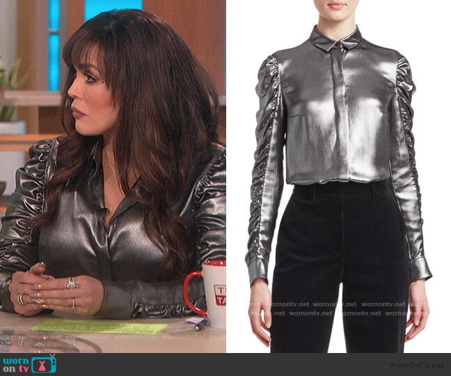 Metallic Ruched Sleeve Blouse by Akris Punto worn by Marie Osmond on The Talk