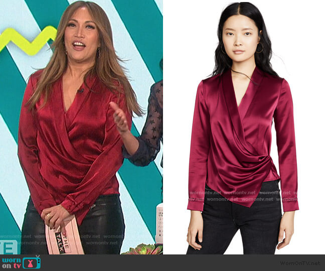 Aurora Gathered Satin Wrap Blouse by Alice + Olivia worn by Carrie Inaba on The Talk