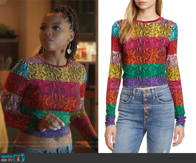 Delaina Stripe Crop Top by Alice + Olivia worn by Jazlyn Forster (Chloe Bailey) on Grown-ish