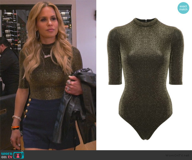 Nisha metallic bodysuit by Alice + Olivia worn by Jackie Goldschneider on The Real Housewives of New Jersey