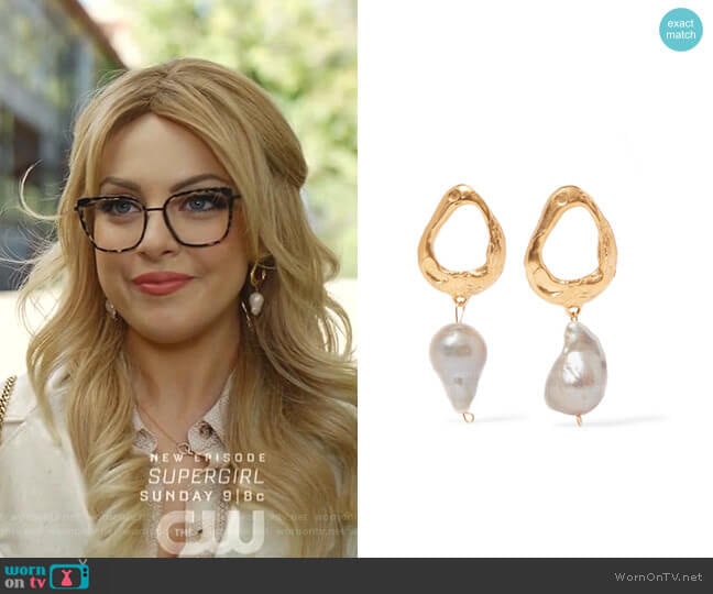 The Infernal Storm Gold-Plated Pearl Earrings by Alighieri  worn by Fallon Carrington (Elizabeth Gillies) on Dynasty