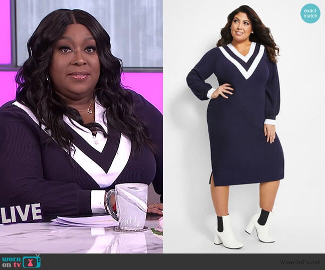 WornOnTV: Loni’s navy varsity sweater dress on The Real | Loni Love ...