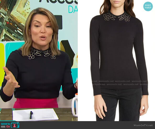 WornOnTV: Kit’s black sweater with beaded floral collar on Access ...