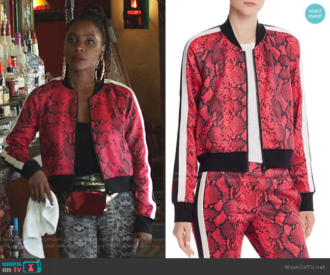 Veronica’s red snake print bomber jacket on Shameless