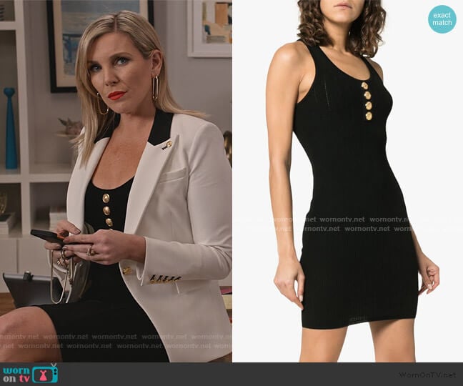  Sleeveless Button Detail Knit Mini Dress by Balmain worn by Brianna (June Raphael) on Grace and Frankie