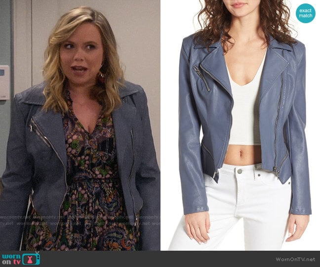 Blank NYC Faux Leather Moto Jacket worn by Kristin Baxter (Amanda Fuller) on Last Man Standing