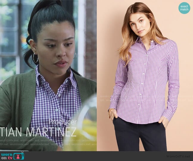 Gingham Stretch Cotton Poplin Shirt by Brooks Brothers worn by Mariana Foster (Cierra Ramirez) on Good Trouble