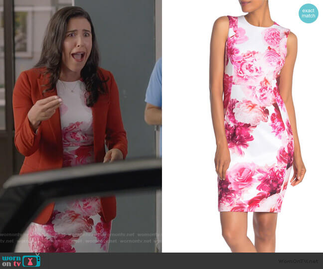 Floral Print Sheath Dress by Calvin Klein worn by Shannon Ross (Nicole Power) on Kims Convenience