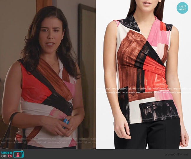 Printed Sleeveless Wrap Top by Calvin Klein worn by Shannon Ross (Nicole Power) on Kims Convenience