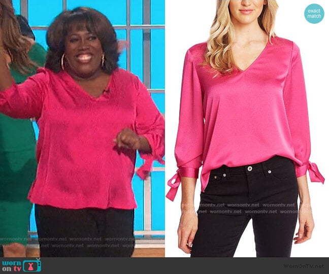 V-Neck Satin Blouse With Tie Sleeves by CeCe worn by Sheryl Underwood on The Talk