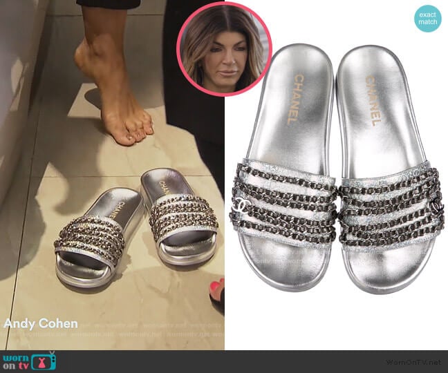 Hologram Logo Chain Slides by Chanel worn by Teresa Giudice  on The Real Housewives of New Jersey