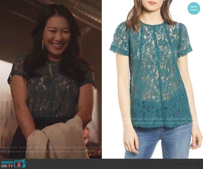 Green Lace Top by Chelsea28  worn by Sumi (Kara Wang) on Good Trouble