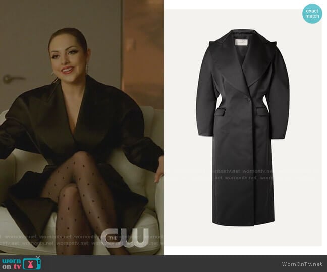 Double-Breasted Duchesse-Satin Coat by Christopher Kane worn by Fallon Carrington (Elizabeth Gillies) on Dynasty