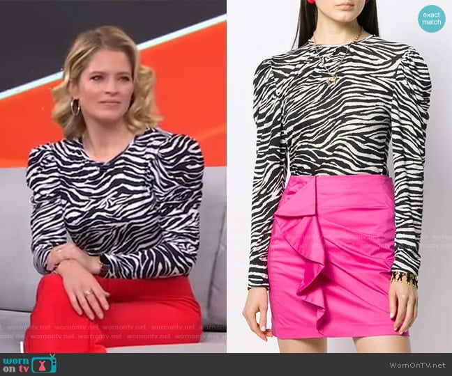 Amara Puff-Sleeve Zebra-Print Top by Derek Lam 10 Crosby worn by Sara Haines on Good Morning America