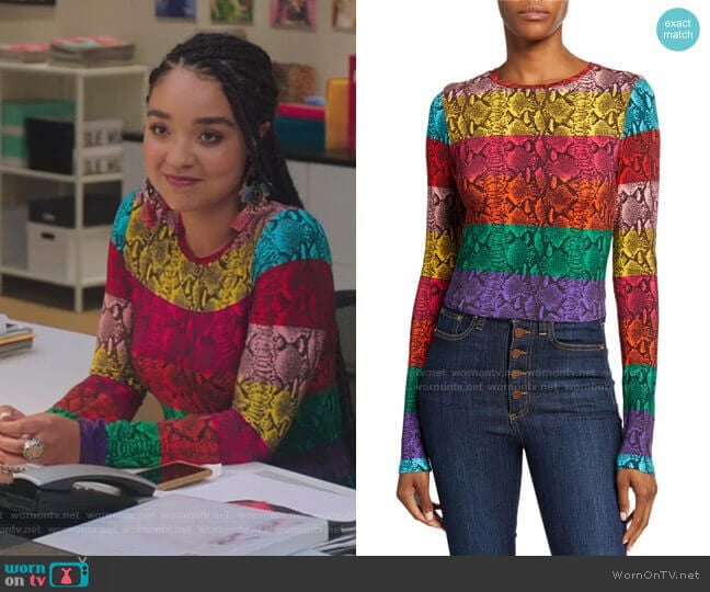 Delaina Stripe Reptile Print Crop Top by Alice + Olivia worn by Kat Edison (Aisha Dee) on The Bold Type